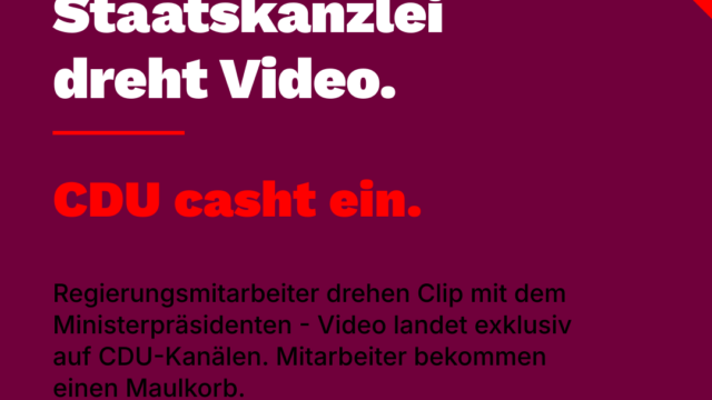 Sharepic im Die-Linke-Design. Burgunderfarbener Hintergrund mit rotem Akzent-Dreieck. In großer weißer Schrift steht: Staatskanzlei dreht Video. Darunter in Rot: CDU casht ein. Ergänzt durch den Hinweis auf den MZ-Bericht. Unten rechts das Logo der Partei Die Linke und der Name Michael Scholz.