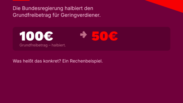 Sharepic: Minijob-Falle – Wer wenig verdient, verliert noch mehr. Grundfreibetrag wird halbiert: 100 Euro auf 50 Euro. Michael Scholz, Direktkandidat Die Linke, Wahlkreis 40 Naumburg.