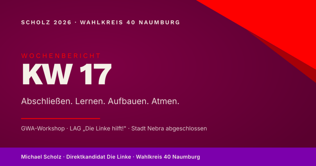 Beitragsbild zum Wochenbericht KW 17: Burgunderroter Hintergrund mit der Aufschrift 'KW 17 — Abschließen. Lernen. Aufbauen. Atmen.' und den Themen GWA-Workshop, LAG Die Linke hilft, Stadt Nebra abgeschlossen.