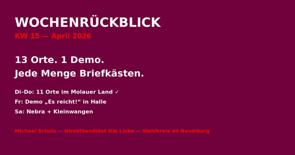 Titel-Grafik: 11 Orte, 3 Tage, 1 Gemeinde. Gemeinde Molauer Land, Burgenlandkreis. Wahlkampf vor Ort, April 2026. Michael Scholz, Direktkandidat Die Linke, Wahlkreis 40 Naumburg.