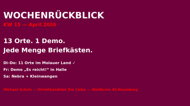 Titel-Grafik: 11 Orte, 3 Tage, 1 Gemeinde. Gemeinde Molauer Land, Burgenlandkreis. Wahlkampf vor Ort, April 2026. Michael Scholz, Direktkandidat Die Linke, Wahlkreis 40 Naumburg.