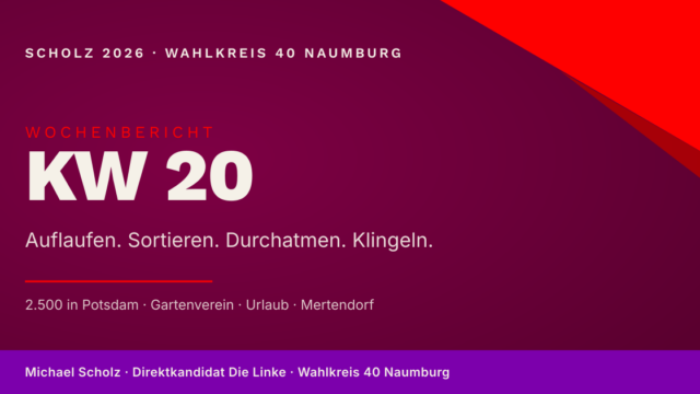 Beitragsbild zum Wochenbericht KW 20 in den Markenfarben Burgund und Rot. Großer Schriftzug „KW 20" in cremeweißer Schrift, darunter die vier Wochenmodi „Auflaufen. Sortieren. Durchatmen. Klingeln." und die Auflistung „2.500 in Potsdam, Gartenverein, Urlaub, Mertendorf".