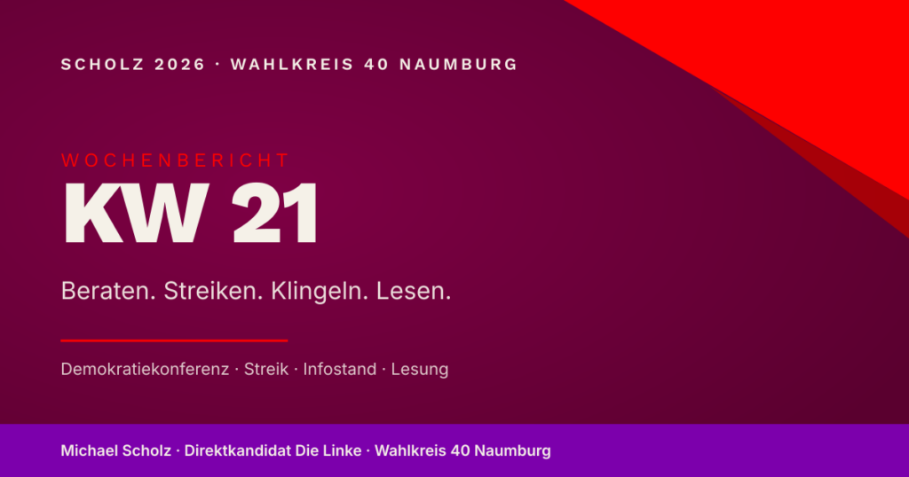 Beitragsbild zum Wochenbericht KW 21 in den Markenfarben Burgund und Rot. Großer Schriftzug „KW 21", darunter die vier Modi „Beraten. Streiken. Klingeln. Lesen." und die Auflistung „Demokratiekonferenz, Streik, Infostand, Lesung".
