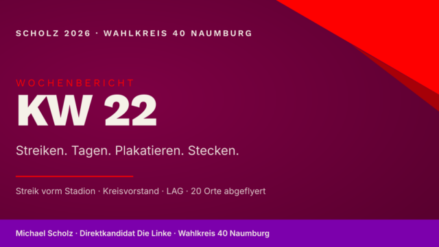 Beitragsbild zum Wochenbericht KW 22 in den Markenfarben Burgund und Rot. Großer Schriftzug „KW 22", darunter die vier Modi „Streiken. Tagen. Plakatieren. Stecken." und die Auflistung „Streik vorm Stadion, Kreisvorstand, LAG, 20 Orte abgeflyert"