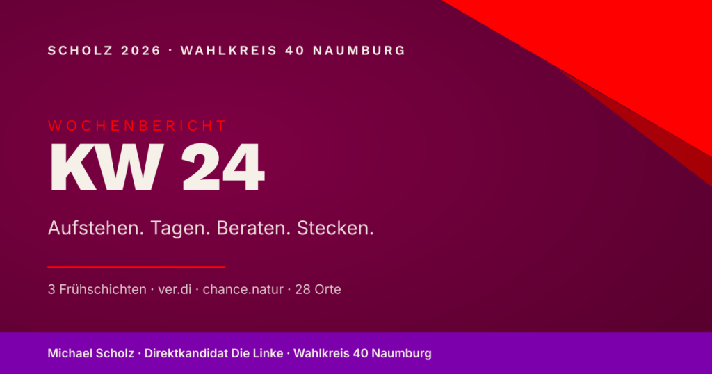 Beitragsbild zum Wochenbericht KW 24 — chance.natur Burgenlandkreis im Ausschuss und 28 Orte abgeflyert. Markenfarben Burgund und Rot, großer Schriftzug „KW 24" mit Wochenmotto „Aufstehen. Tagen. Beraten. Stecken." und Schlagworten „3 Frühschichten, ver.di, chance.natur, 28 Orte".