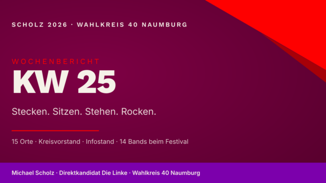 Beitragsbild zum Wochenbericht KW 25 — Merseburger Schlossfestspiele 2026, Wahlkampf und 15 Orte abgeflyert. Markenfarben Burgund und Rot, großer Schriftzug „KW 25" mit Wochenmotto „Stecken. Sitzen. Stehen. Rocken." und Schlagworten „15 Orte, Kreisvorstand, Infostand, 14 Bands beim Festival".