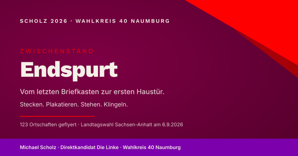 Beitragsbild zum Sammelbericht über den Wahlkampf-Endspurt zur Landtagswahl Sachsen-Anhalt 2026. Markenfarben Burgund und Rot, großer Schriftzug "Endspurt" unter dem Label "Zwischenstand". Untertitel "Zehn Wochen. Drei Wochen. Ein Ziel." und Modi-Line "Stecken. Plakatieren. Stehen. Klingeln." Konkretisierung: "123 Ortschaften geflyert, Landtagswahl Sachsen-Anhalt am 6.9.2026".