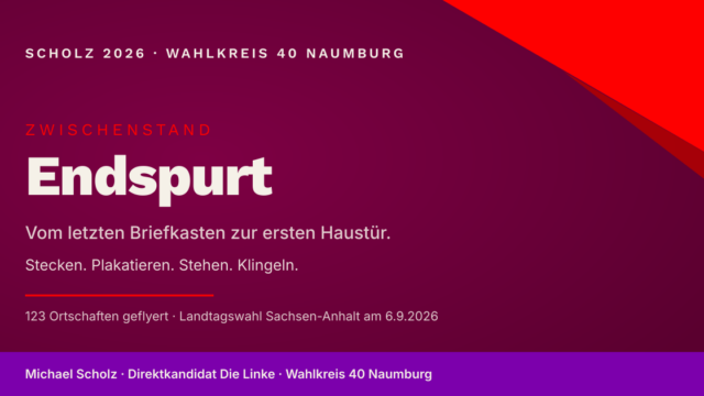Beitragsbild zum Sammelbericht über den Wahlkampf-Endspurt zur Landtagswahl Sachsen-Anhalt 2026. Markenfarben Burgund und Rot, großer Schriftzug "Endspurt" unter dem Label "Zwischenstand". Untertitel "Zehn Wochen. Drei Wochen. Ein Ziel." und Modi-Line "Stecken. Plakatieren. Stehen. Klingeln." Konkretisierung: "123 Ortschaften geflyert, Landtagswahl Sachsen-Anhalt am 6.9.2026".